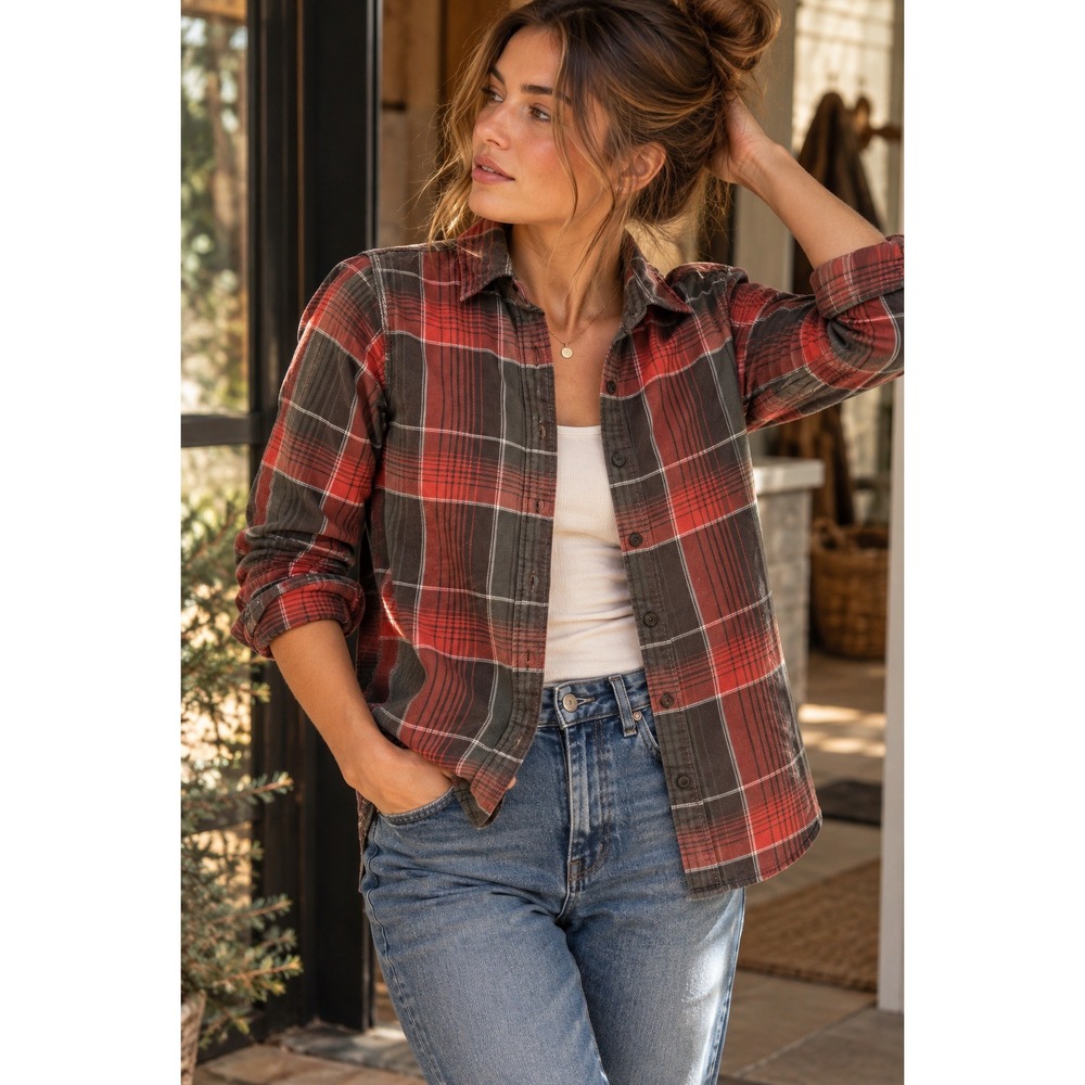 Filson Womens Plaid Flannel Shirt Faded Red Charcoal Gathered Back Heritage XS